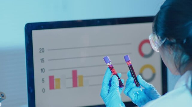 Female scientists looking for checking chemical at a blood test tube and result of the experiment in laboratory for research on pharmacy medical for healing and antibody for protect disease and virus