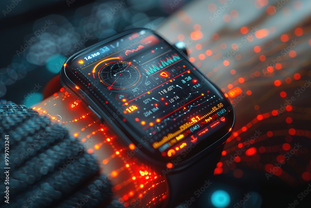 Poster a watch with a glowing screen that shows a lot of numbers and a red line