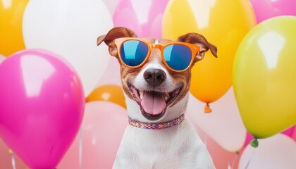 A joyful dog wearing cool sunglasses, surrounded by balloons and festive decorations, ready to enjoy the lively party.