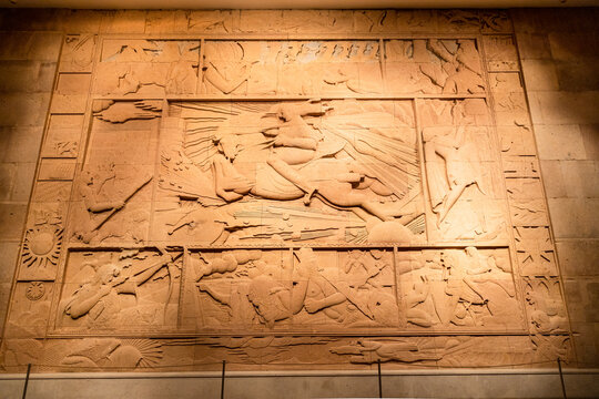 Yerevan, Armenia - July 28, 2024: Relief of Sasuntsi Davit by Artashes Hovsepyan at Cafesjian Center for Arts in Cascade monument museum in Yerevan city
