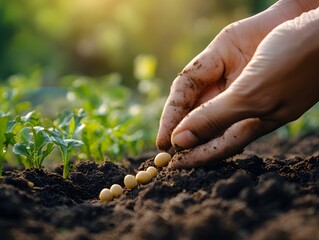 Close-up of a hand planting seeds in fertile garden soil with young plants in the background, symbolizing growth and sustainability.