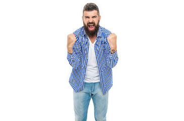 Guy has stylish haircut. Man with trendy hairstyle. Casual male style. Style of brutal hipster. Expressing success. Brutal shouting man isolated on white. Bearded successful man in casual shirt