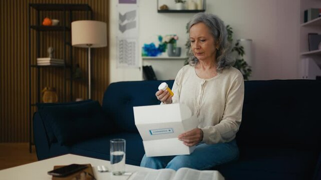 Grey-haired woman opening box with medications, pharmaceuticals delivery
