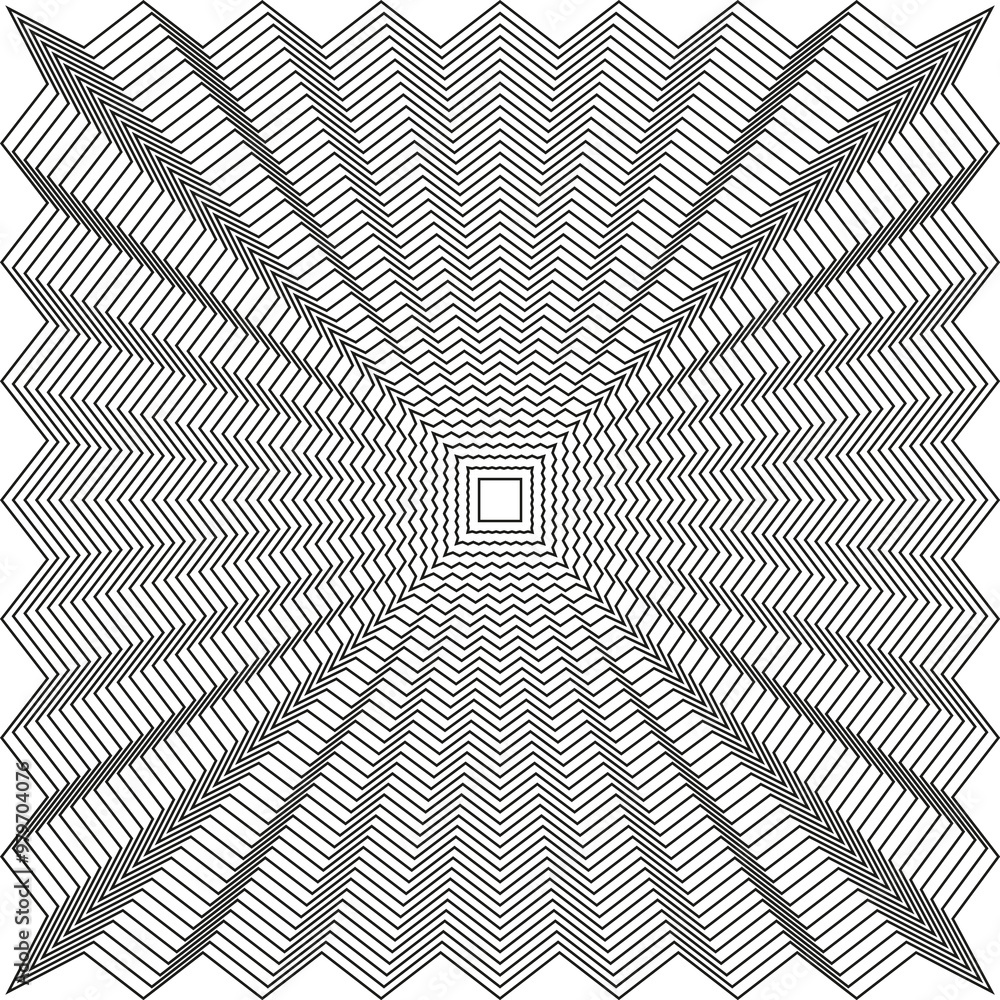 Poster geometric optical illusion. black zigzag lines. symmetrical square pattern. abstract vector design.