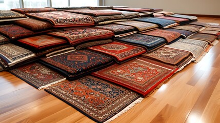 Layered Persian rugs in rich colors and patterns on a wooden floor 