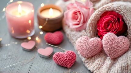 A peaceful, romantic nook featuring candles, soft pink and red roses, and rustic heart-shaped ornaments, all bathed in warm golden light.