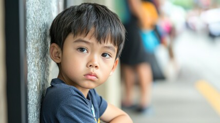 A child looking bored and restless while waiting in line.