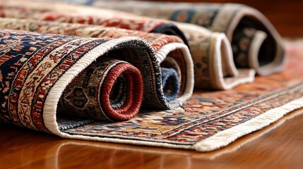 Layered Persian rugs in rich colors and patterns on a wooden floor 