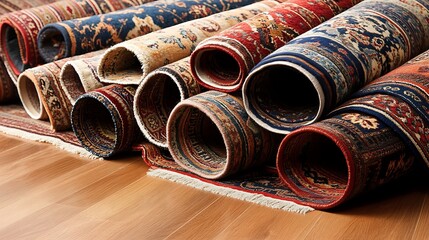 Layered Persian rugs in rich colors and patterns on a wooden floor 