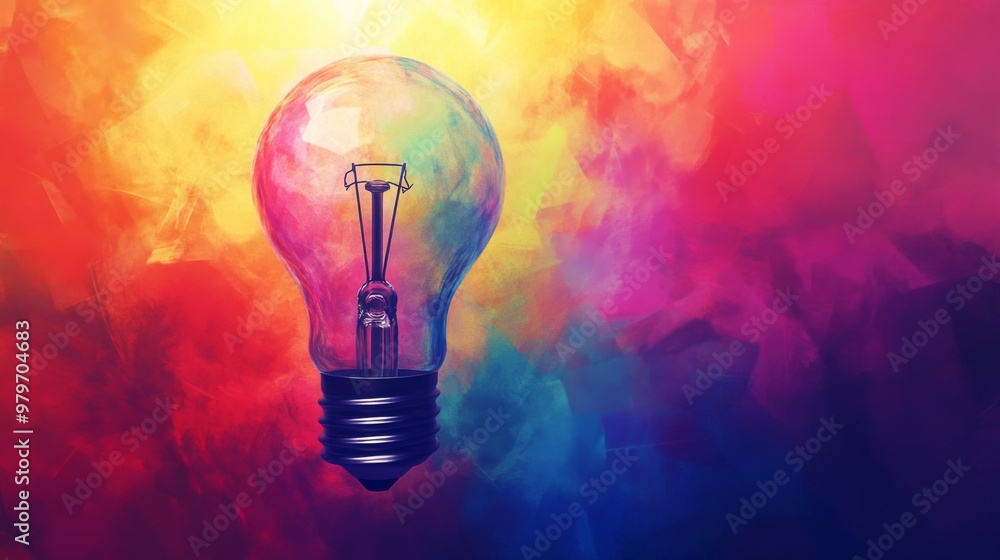 Poster A vibrant image of a light bulb with colorful rays extending outward, symbolizing a burst of creative ideas and inspiration in a visually engaging way.