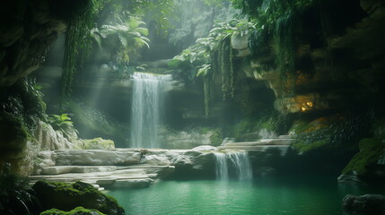 Serene oasis with natural terraces of white rock and emerald pools, lush green ferns, and soft sunlight in canyon, low-angle close-up, soothing clean landscape.