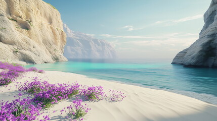 Serene desert meets ocean with white dunes, turquoise lagoon, purple wildflowers, golden cliffs, and clear cyan sky in low-angle landscape shot – otherworldly contrast of nature's beauty.