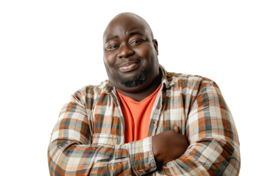 Portrait of African black fat man posing with funny and cheerful isolated on transparent png background, big man with smiling face.