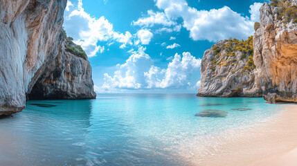 Serene Coastal Paradise: Turquoise Waters, Golden Sand, and Cliff Backdrop in High-Resolution
