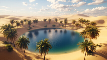 Rare desert oasis with golden sand dunes, circular blue lake, and green palm trees, panoramic overhead shot, stunning symmetry and vibrant colors, nature landscape, scenic beauty.