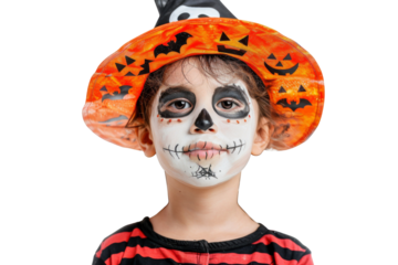 Portrait child wearing intricate day of the dead makeup, their face painted in chilling detail with an unsettling smile, isolated on a transparent background