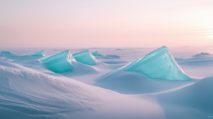 Vibrant Teal Ice Tundra with Geometric Patterns and Soft Lavender Sky