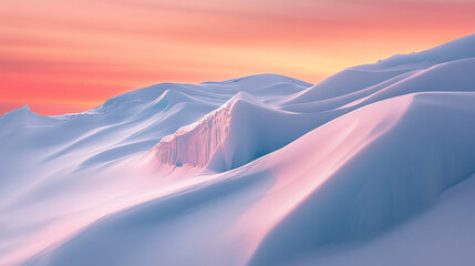 Surreal Glacier Field with Peach to Coral Gradient Ice Formations and Soft Sunset Light