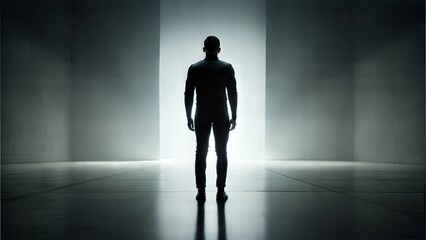 Silhouette of a man standing at an open door with bright light illuminating the dark hallway