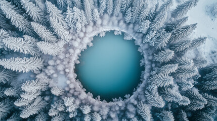 Dreamy circular alpine forest with pastel frosted trees, turquoise lake, jagged silver mountains, and calming symmetry in serene overhead view, surreal and tranquil natural beauty.