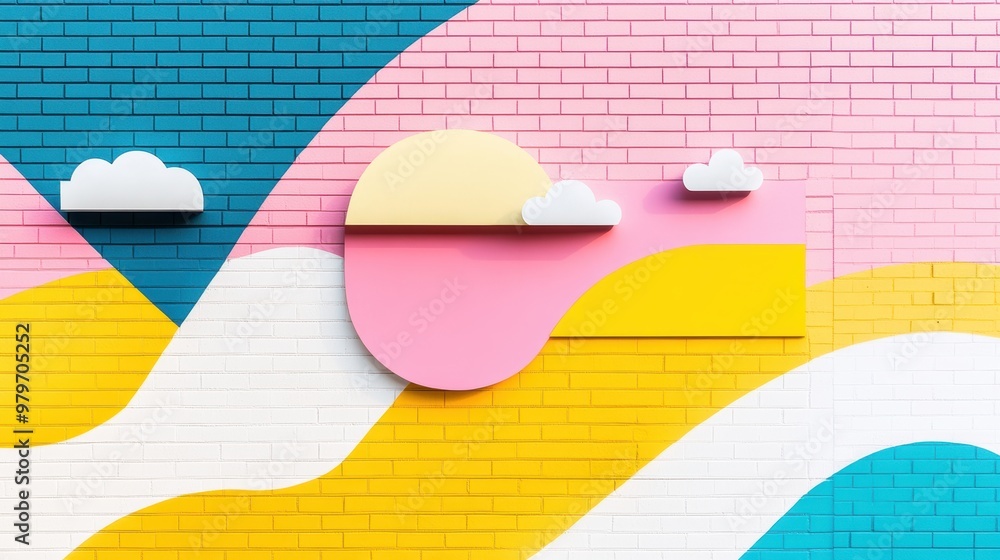 Poster a surreal graffiti mural on a building, featuring a visually striking design with bold colors and un
