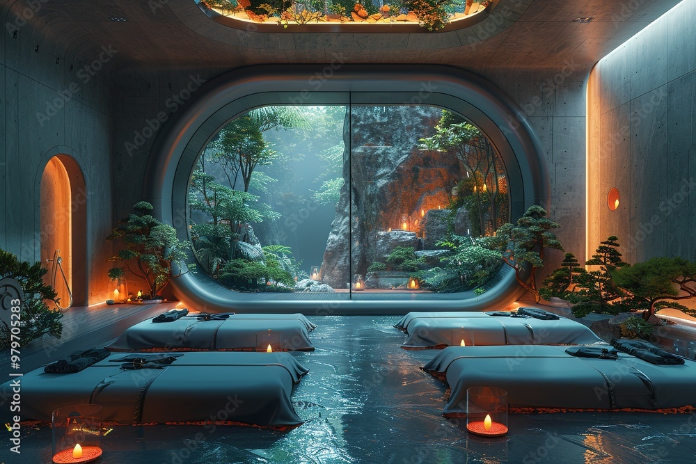 Poster a room with a large window and a view of a forest