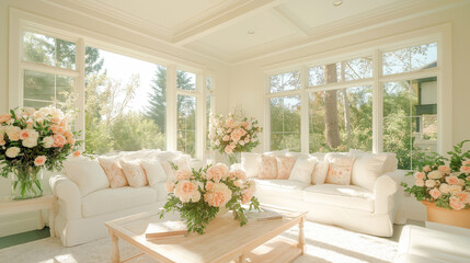 Fototapeta premium Cottage-style cozy living room floral patterns