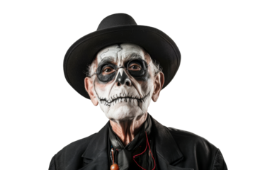 Halloween old man with a terrifying expression, his scary face frozen in a moment of horror, isolated on a transparent background