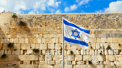 The Western Wall in Israel near Jerusalem, with the prominent Israeli flag, is the only remnant of the Second Temple.