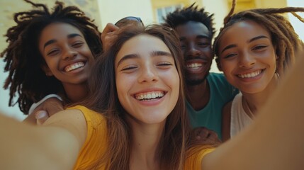 Fototapeta premium Indoor Selfie: A Group of Multiracial Friends Having Fun - Young Millennial Students Enjoying Friendship and Lifestyle