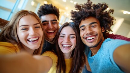 Fototapeta premium Indoor Selfie. Multiracial Group of Friends Having Fun, Capturing Moment of Friendship and Student Lifestyle