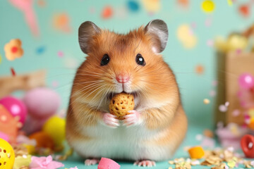A cute hamster stuffing its cheeks with food, sitting in its colorful cage surrounded by fun toys