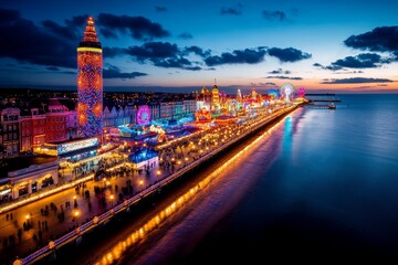 Blackpool's vibrant Blackpool Illuminations, lighting up the promenade with colorful lights and displays