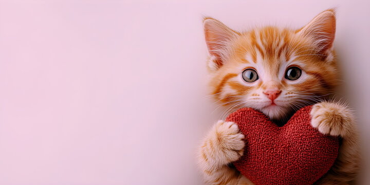 Ginger kitten hugging toy red heart. Cute cat on pink background. Valentine's Day love concept. Banner, advertisement, billboard for animal shelter, veterinary clinic