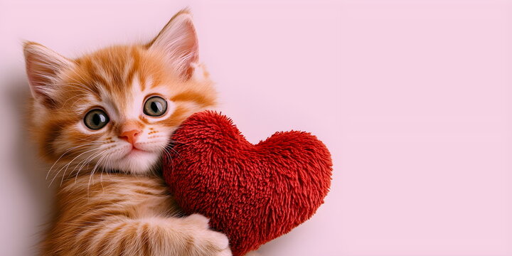 Ginger kitten hugging toy red heart. Cute cat on pink background. Valentine's Day love concept. Banner, advertisement, billboard for animal shelter, veterinary clinic