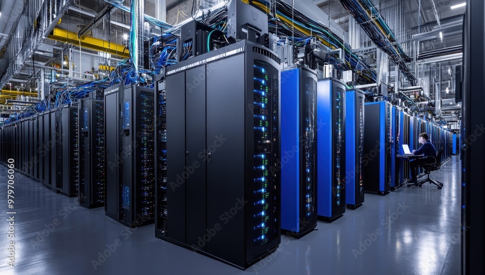 Poster a large data center with rows of black and blue server cabinets, one person working on their laptop 