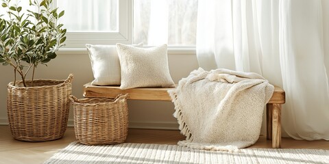 A wooden bench with two baskets of plants and pillows on it. The scene is cozy and inviting