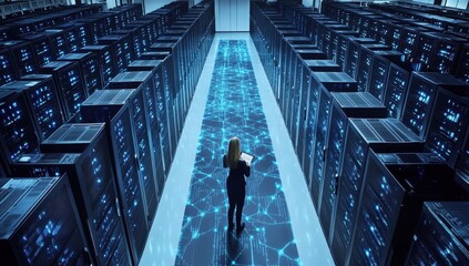 A large data center with rows of black and blue server cabinets, digital glowing lines on the floor creating an abstract pattern around them Generative AI