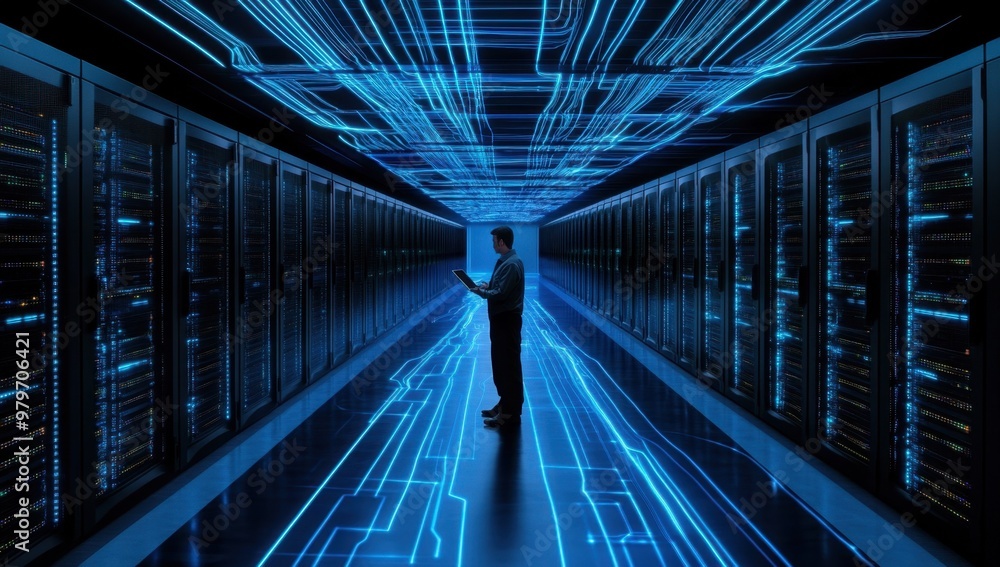 Poster a large data center with rows of black and blue server cabinets, where an it worker is standing in t