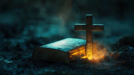 Bible placed at the base of a cross, glowing softly, symbolizing the foundation of Christian faith