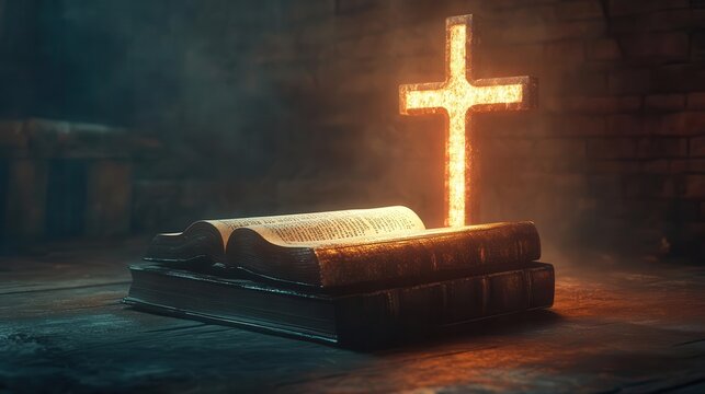 Bible placed at the base of a cross, glowing softly, symbolizing the foundation of Christian faith