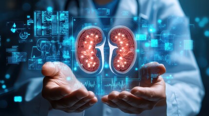 Close-up of hands and digital human kidneys illustration, surrounded by blue medical charts and graphs