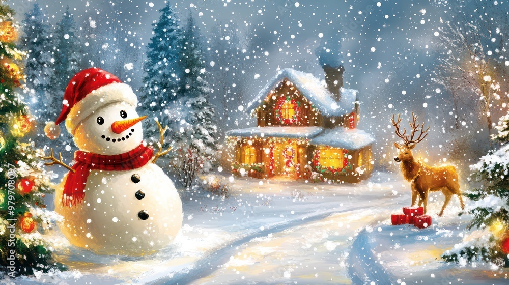Poster a snowman wearing a red hat stands in front of a house with a deer in the snow