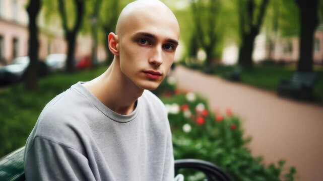 cancer patient bald guy sitting on a public bench in a park