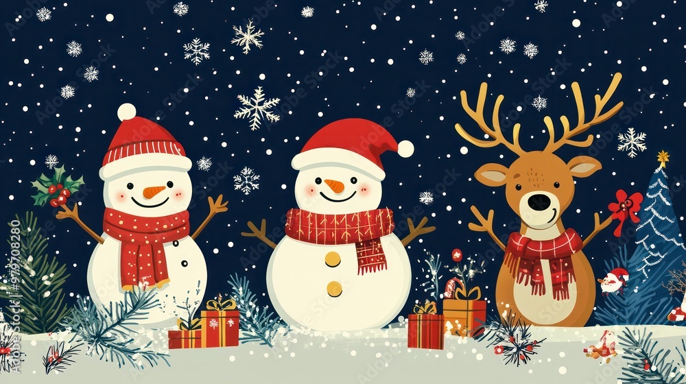 Poster three snowmen are standing next to a deer and a tree
