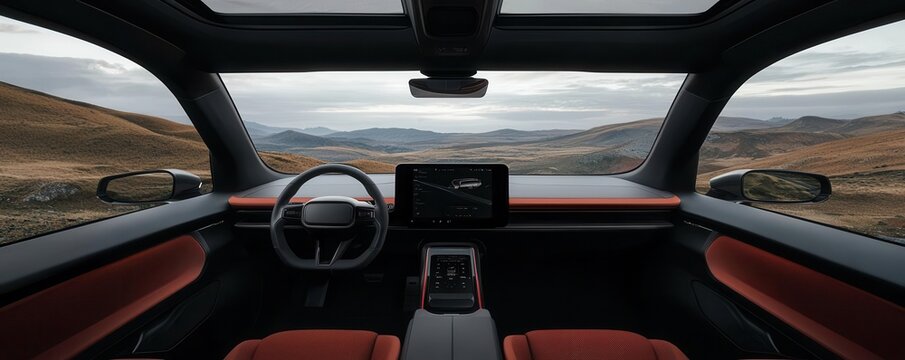 A futuristic electric car interior with a panoramic glass roof, enhancing the sense of space and natural light, panoramic glass roof modern car interior, open and airy cabin