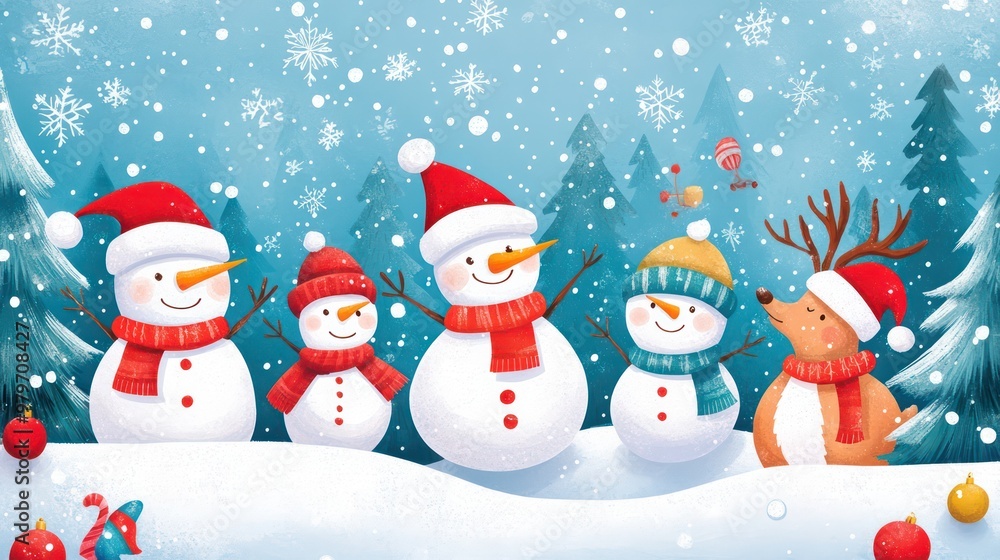 Poster A group of snowmen are standing in a snowy field with a deer in the background