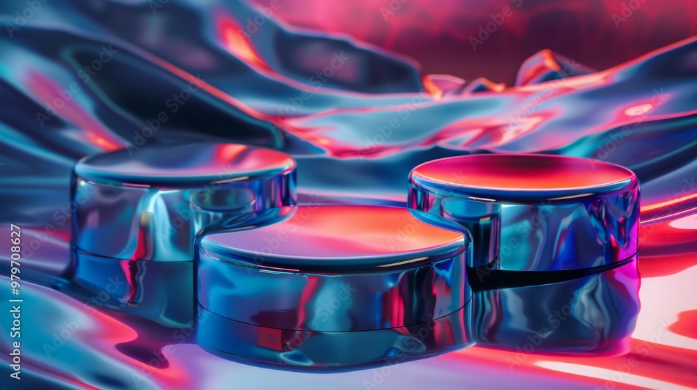 Poster abstract composition of shiny circular objects on colorful waves, creating a vibrant and modern aest
