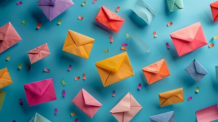 Vibrant origami envelopes in various colors scattered on a turquoise background with tiny confetti pieces, creating a festive and cheerful communication concept.