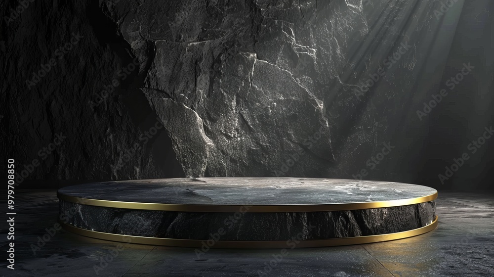 Poster elegant circular platform illuminated by soft light in a dark rocky cave, creating a mystical and se